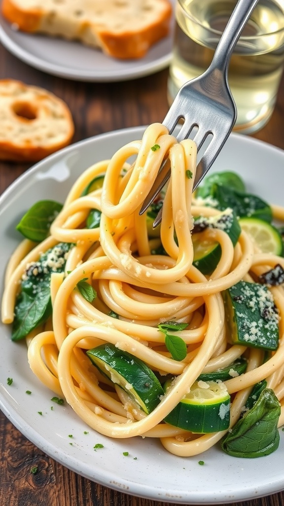Creamy spinach and zucchini pasta on a plate, garnished with herbs and Parmesan, next to garlic bread and a glass of wine.